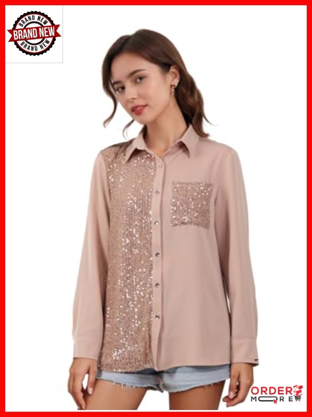 Sequin Long Sleeve Button Down Shirt Tunic Blouse